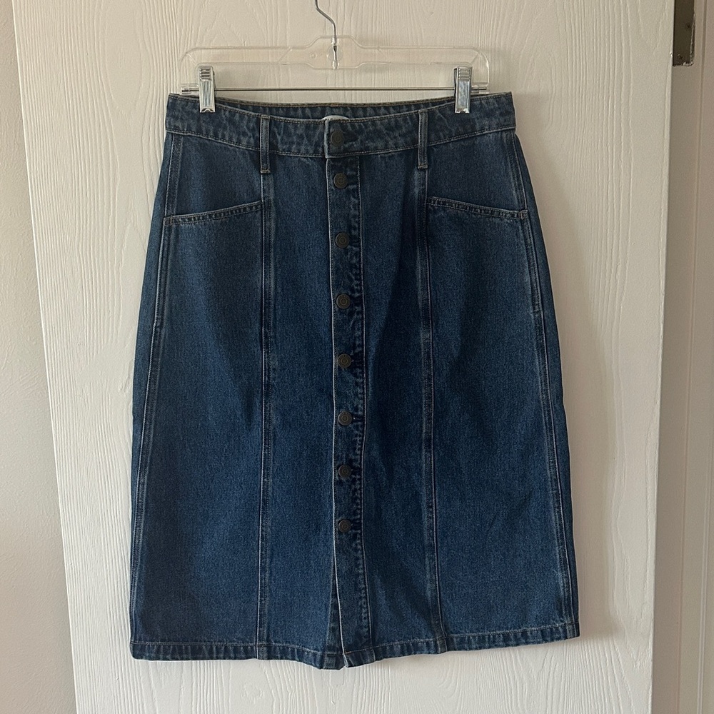 Dark Blue Denim Button-Front Midi Skirt